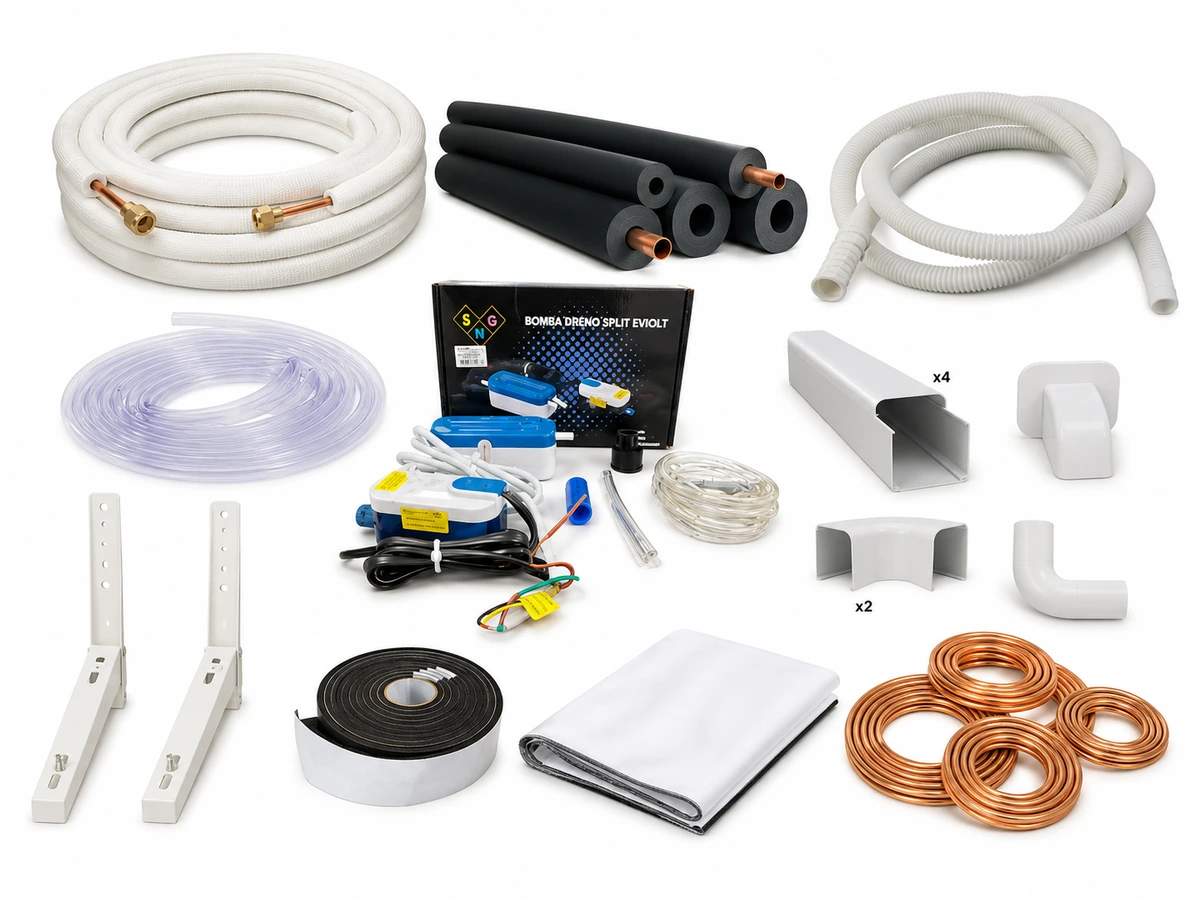 Kit de instalação de ar-condicionado com cobre, suporte, dreno, cabo e fitas na JR Refrigeração
